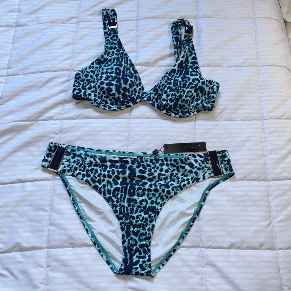 NWT ViX By Hermanny Blue 2 Piece Swimsuit Leopard Print Bikini set